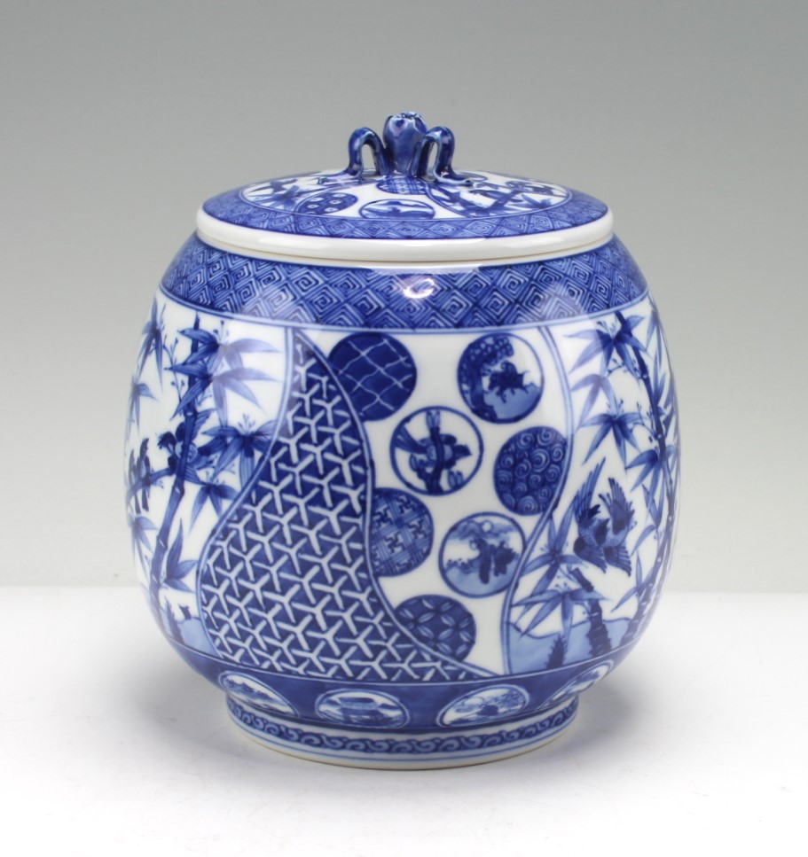 五代 宮川香斎 真葛窯 倣祥瑞芋頭水指 鵬雲斎御書付 5th miyagawa, kosai makuzu pottery shonzui  (ceramics with blue patterns on white backgrounds) tubercle water jar | 古美術  山田幽篁堂