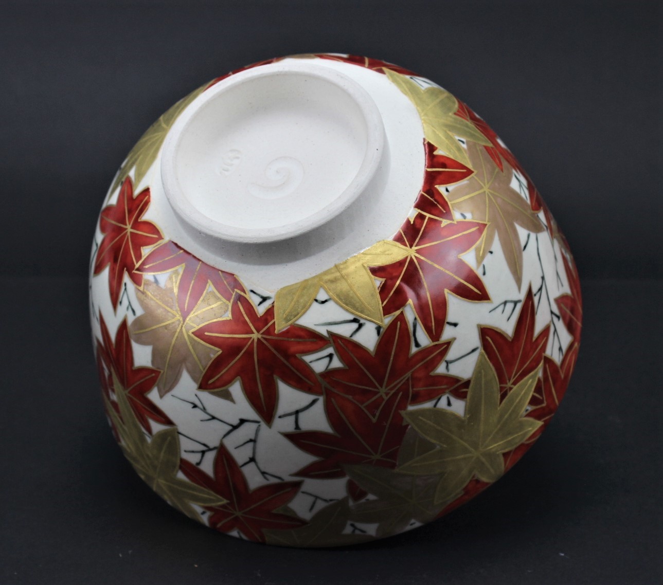 岩崎新定 膳所焼 色絵紅葉茶碗 iwasaki, shinjo zeze colored red